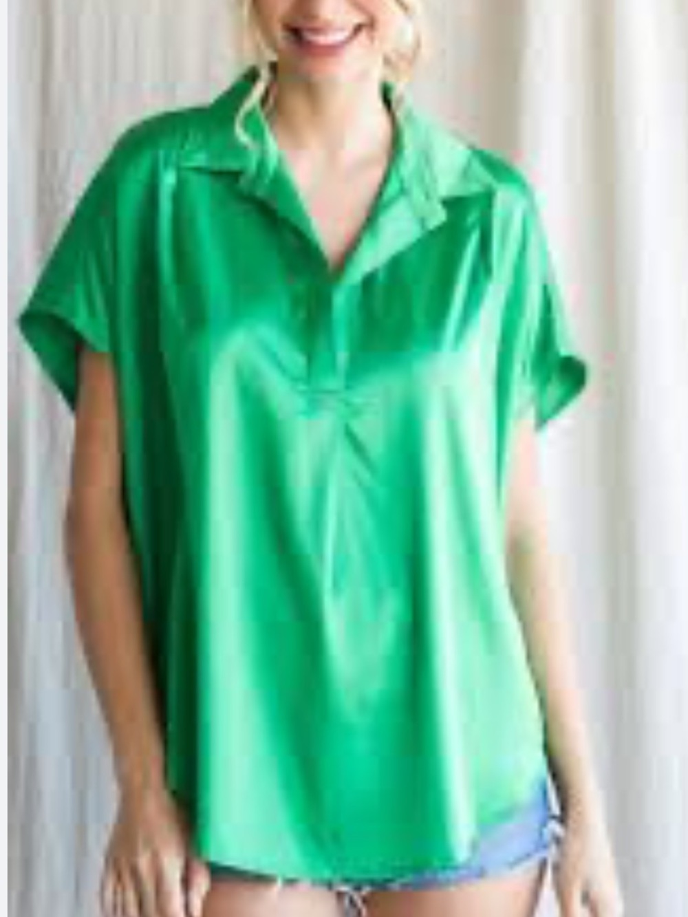 Hudson Gray Satin Collared Cap Sleeve Pullover Blouse in Kelly Green Sz S